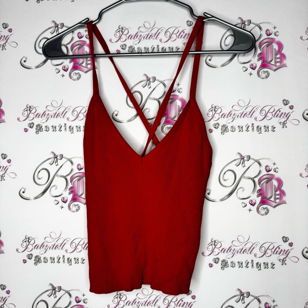 Tank top ribbed Red Strappy Top criss cross back stretchy